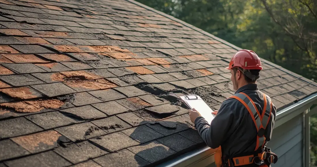 Inspector with a clipboard checking worn and broken asphalt shingles from the eave