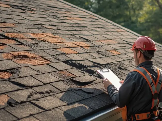 Inspector in a harness noting damaged shingles on a clipboard