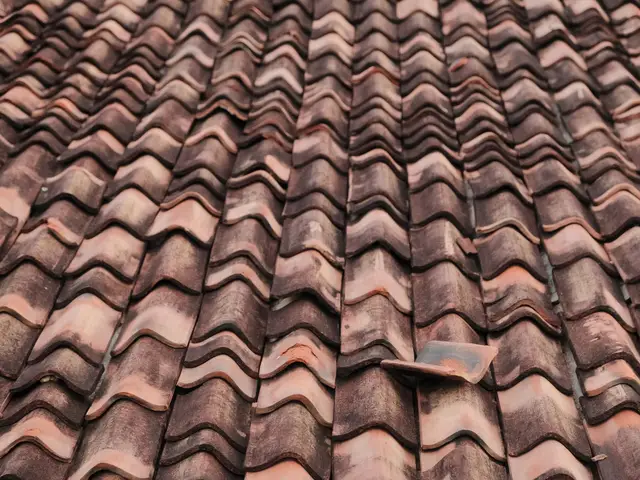 Rows of weathered clay roof tile in mixed tones